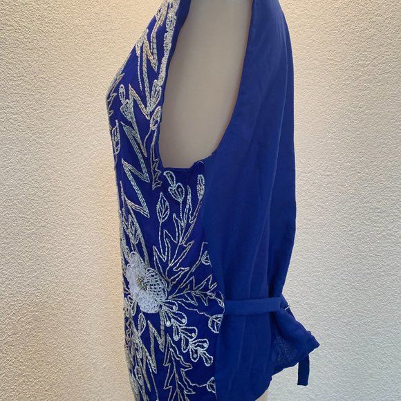 Vintage Gunit beaded silk vest size L royal blue with silver and white beads - Picture 7 of 11